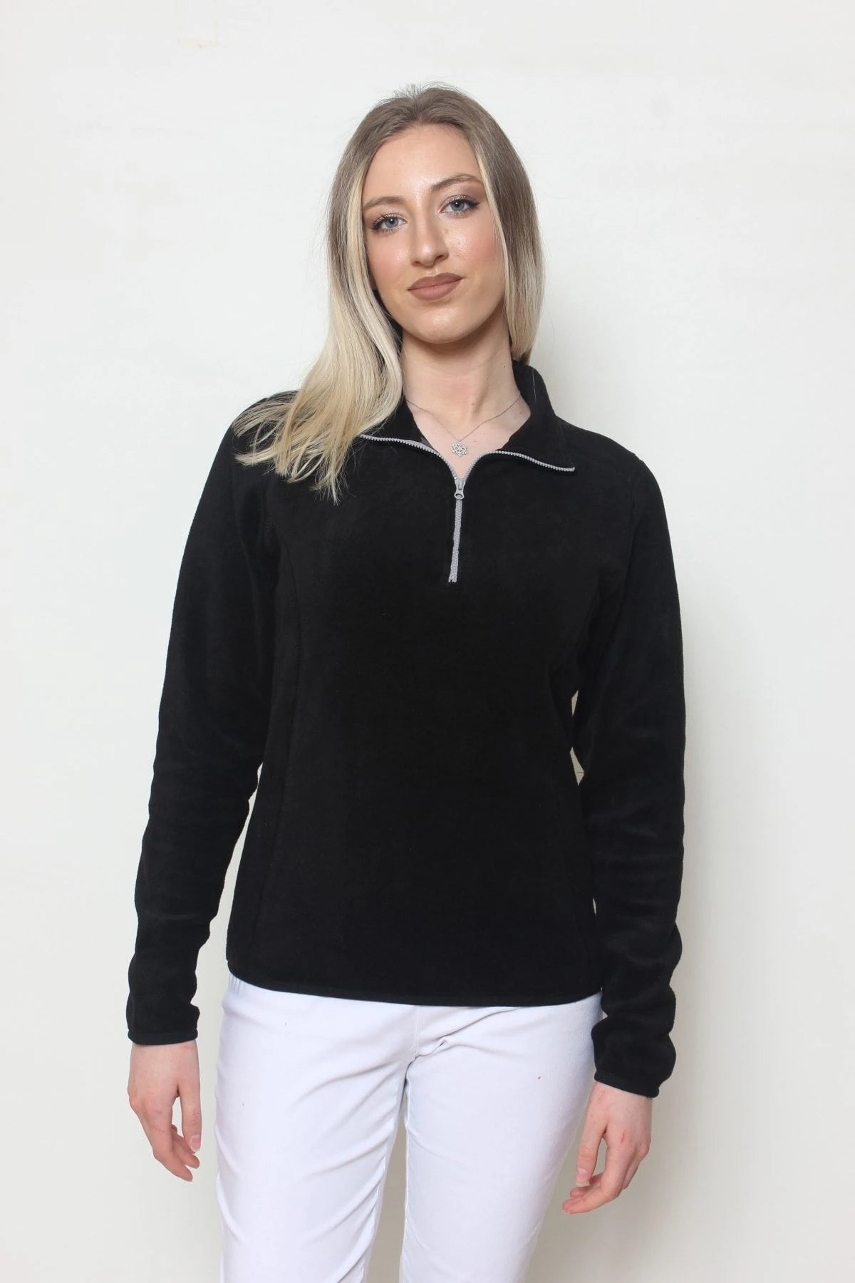Kadın Polar Yarım Fermuar Dar Kalıp Sweatshirt Siyah