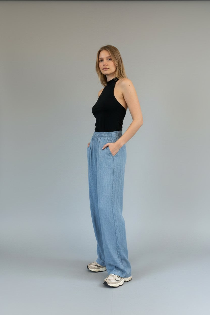 Kadın Tencel Bol Paça Pantolon Açık Mavi