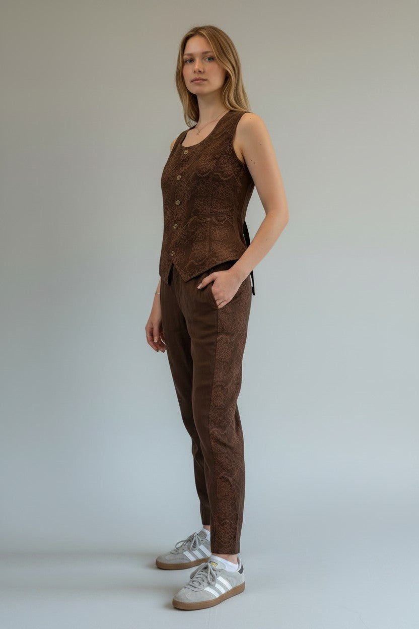 Kadın Tencel Nakış Detaylı Yelek Pantolon Takım Kahverengi