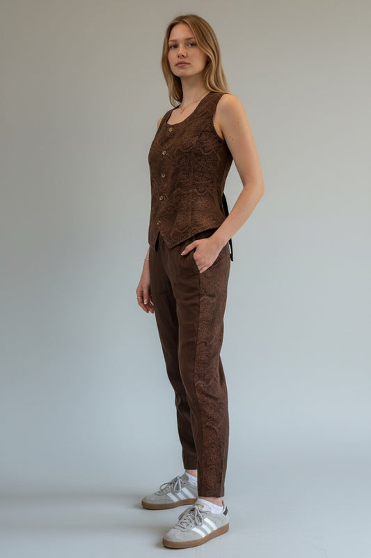 Kadın Tencel Nakış Detaylı Yelek Pantolon Takım Kahverengi