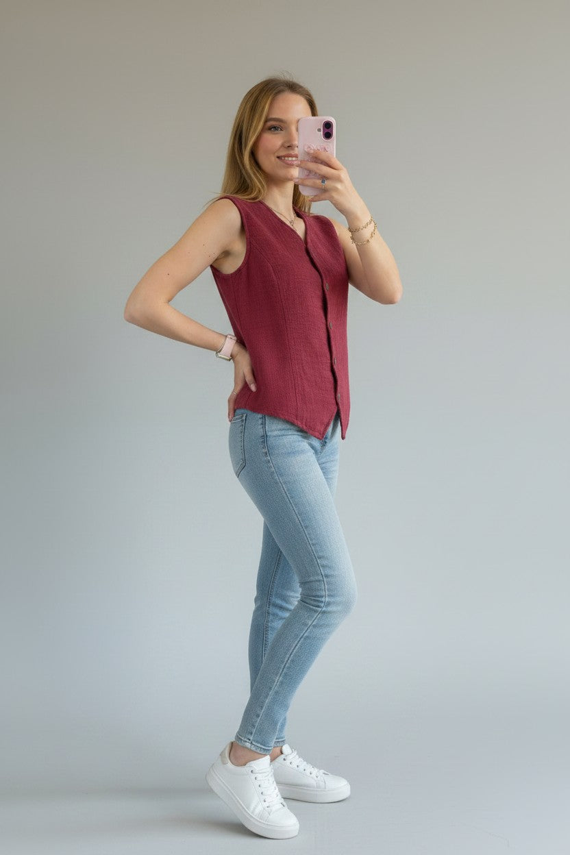 Kadın Pamuklu Düğmeli V Yaka Yelek Bordo
