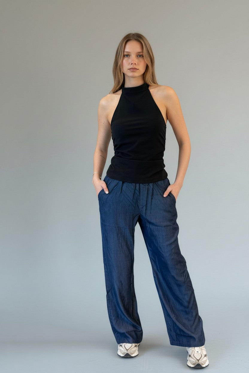 Kadın Tencel Bol Paça Pantolon Lacivert