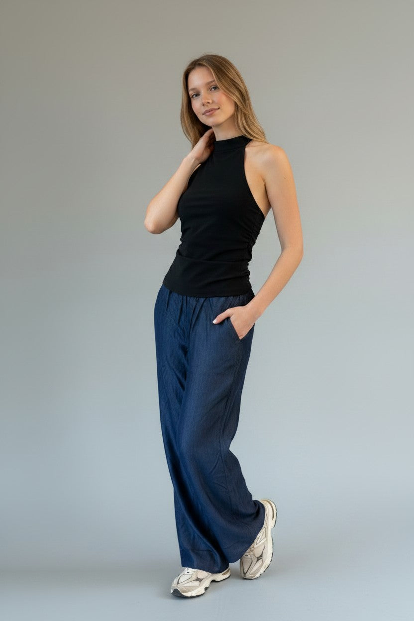 Kadın Tencel Bol Paça Pantolon Lacivert