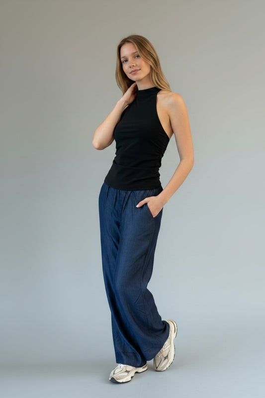 Kadın Tencel Bol Paça Pantolon Lacivert