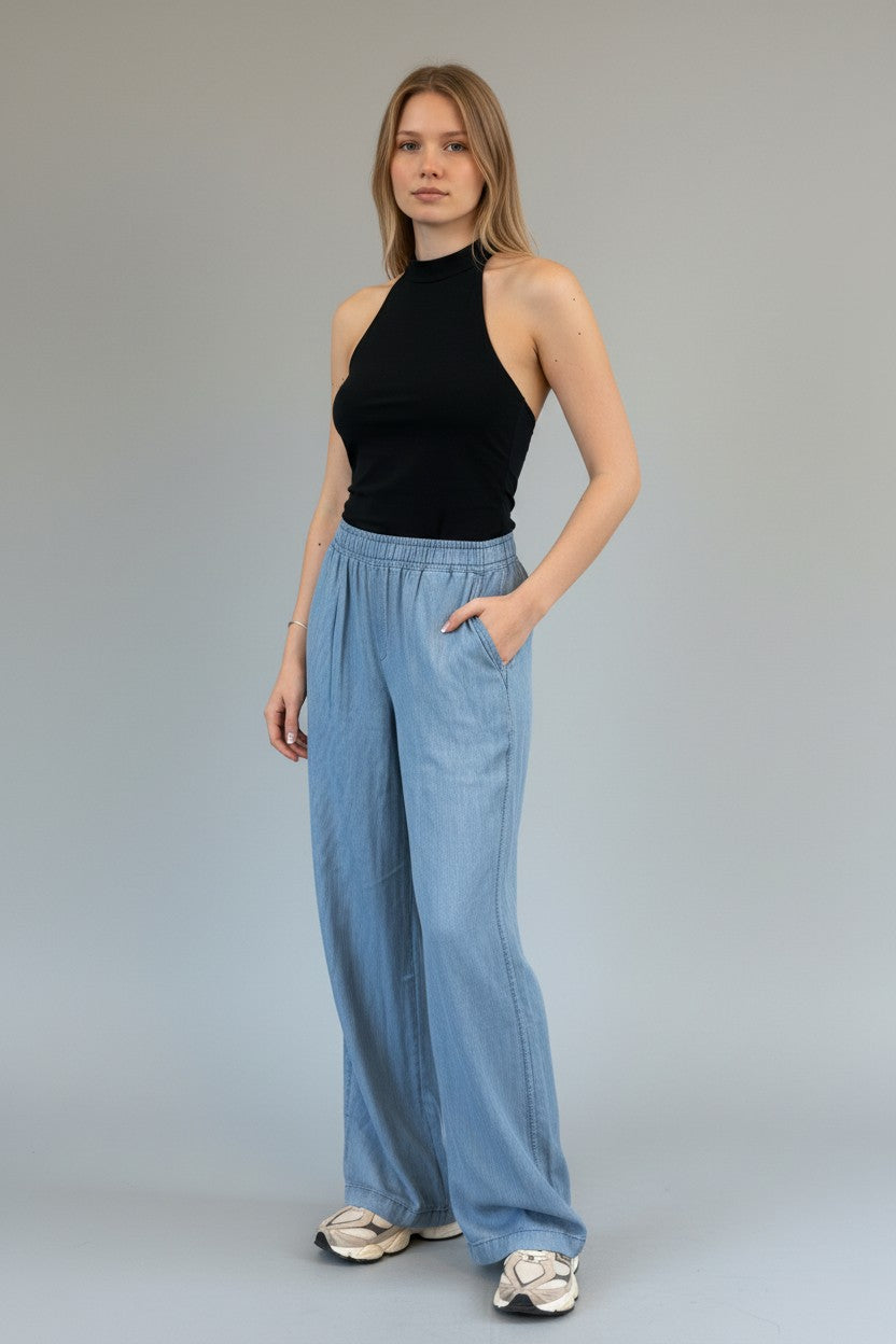 Kadın Tencel Bol Paça Pantolon Açık Mavi