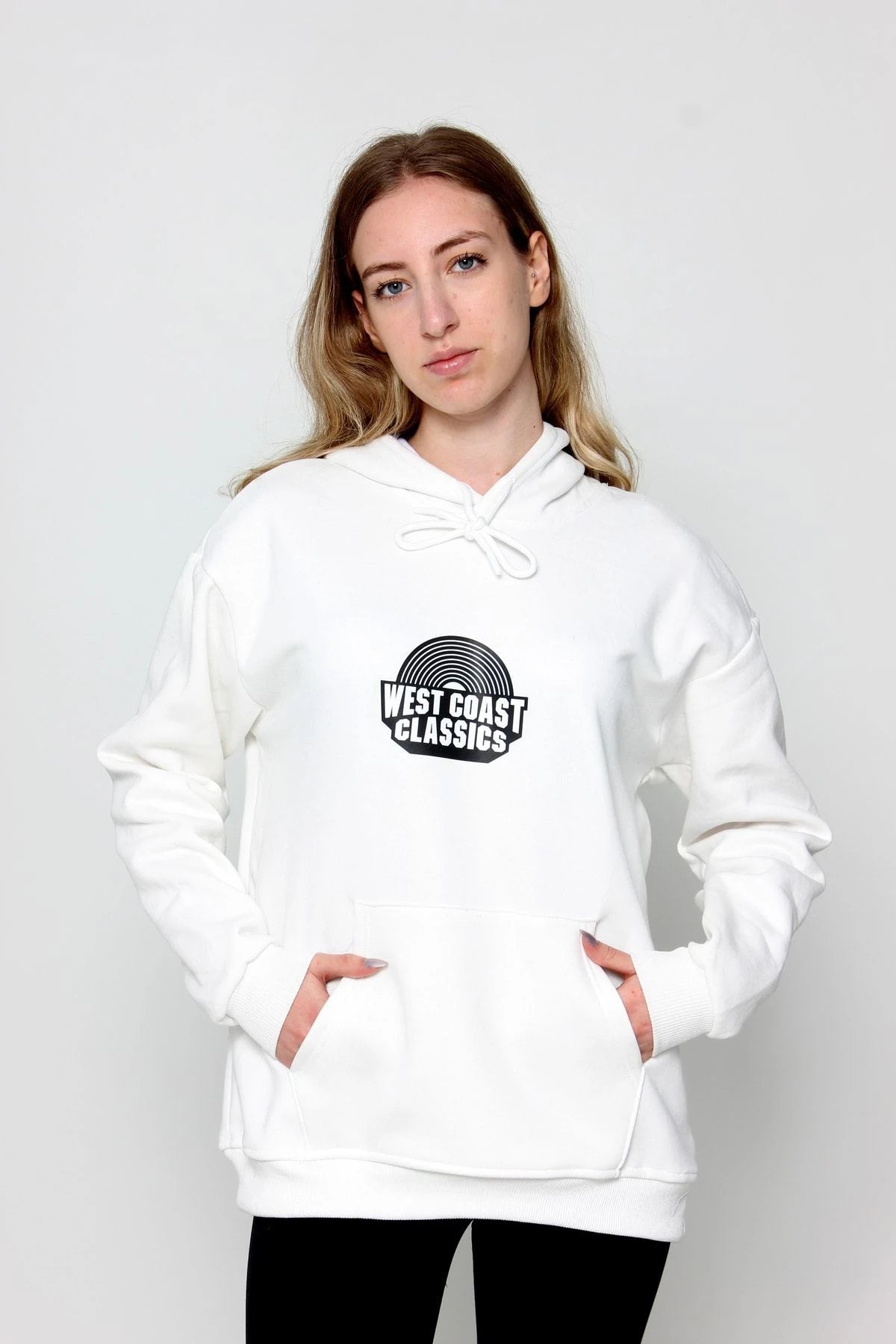 Kadın Oversize Baskılı Kapüşonlu Sweatshirt Beyaz