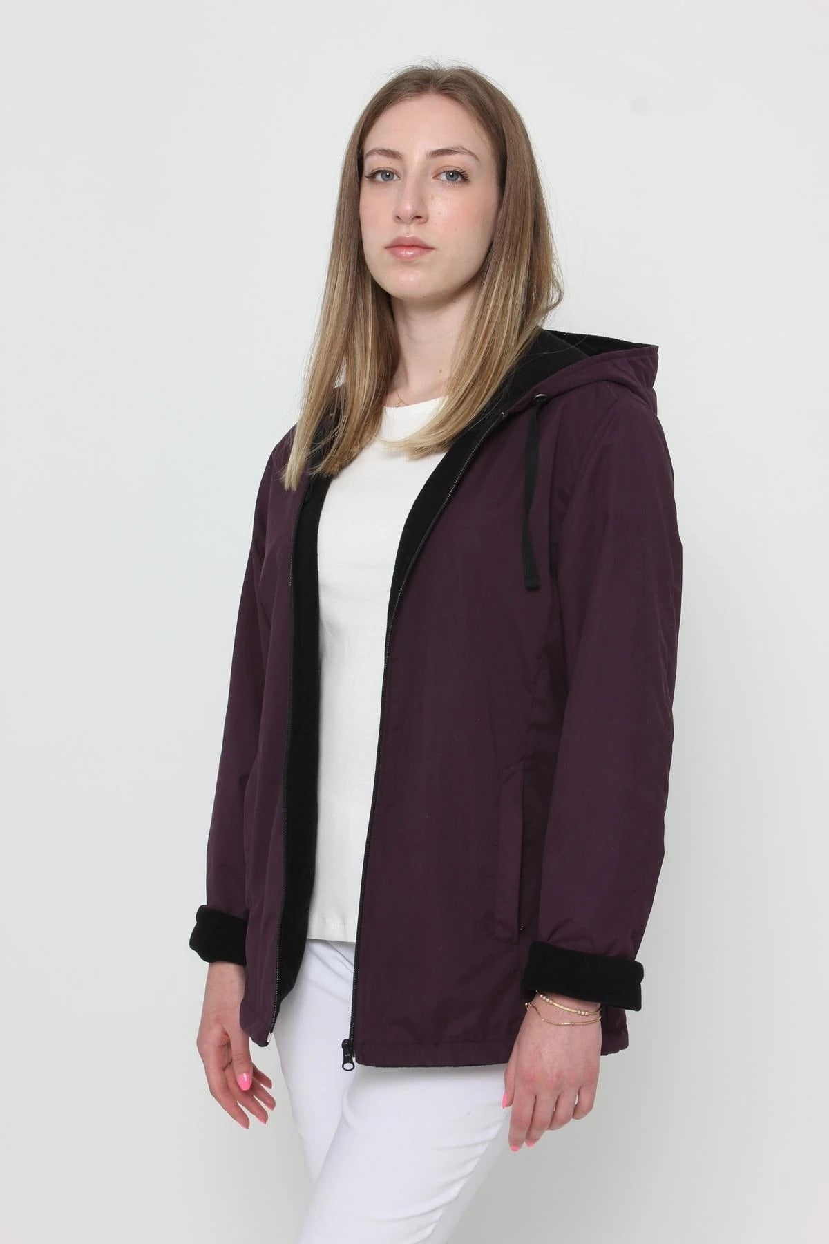 Kadın Bordo Içi Polar Mont Mürdüm