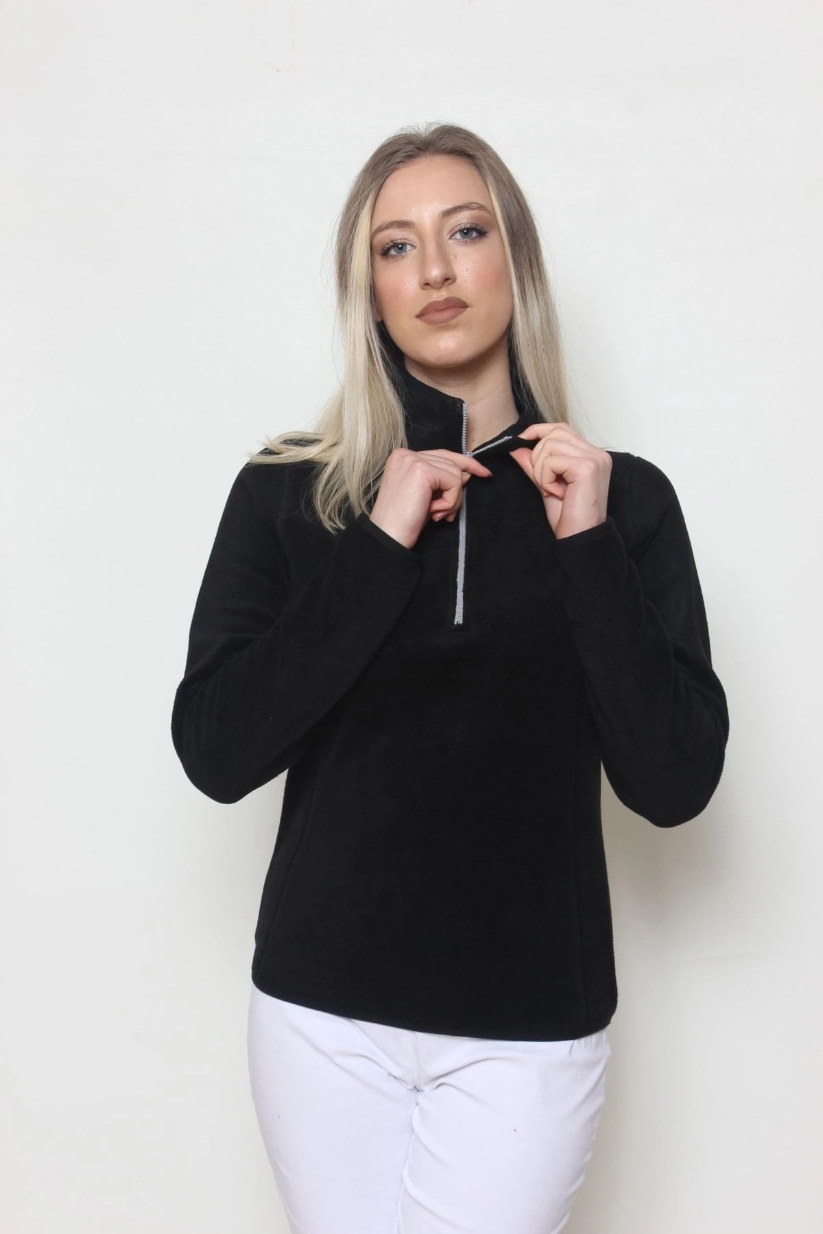 Kadın Polar Yarım Fermuar Dar Kalıp Sweatshirt Siyah
