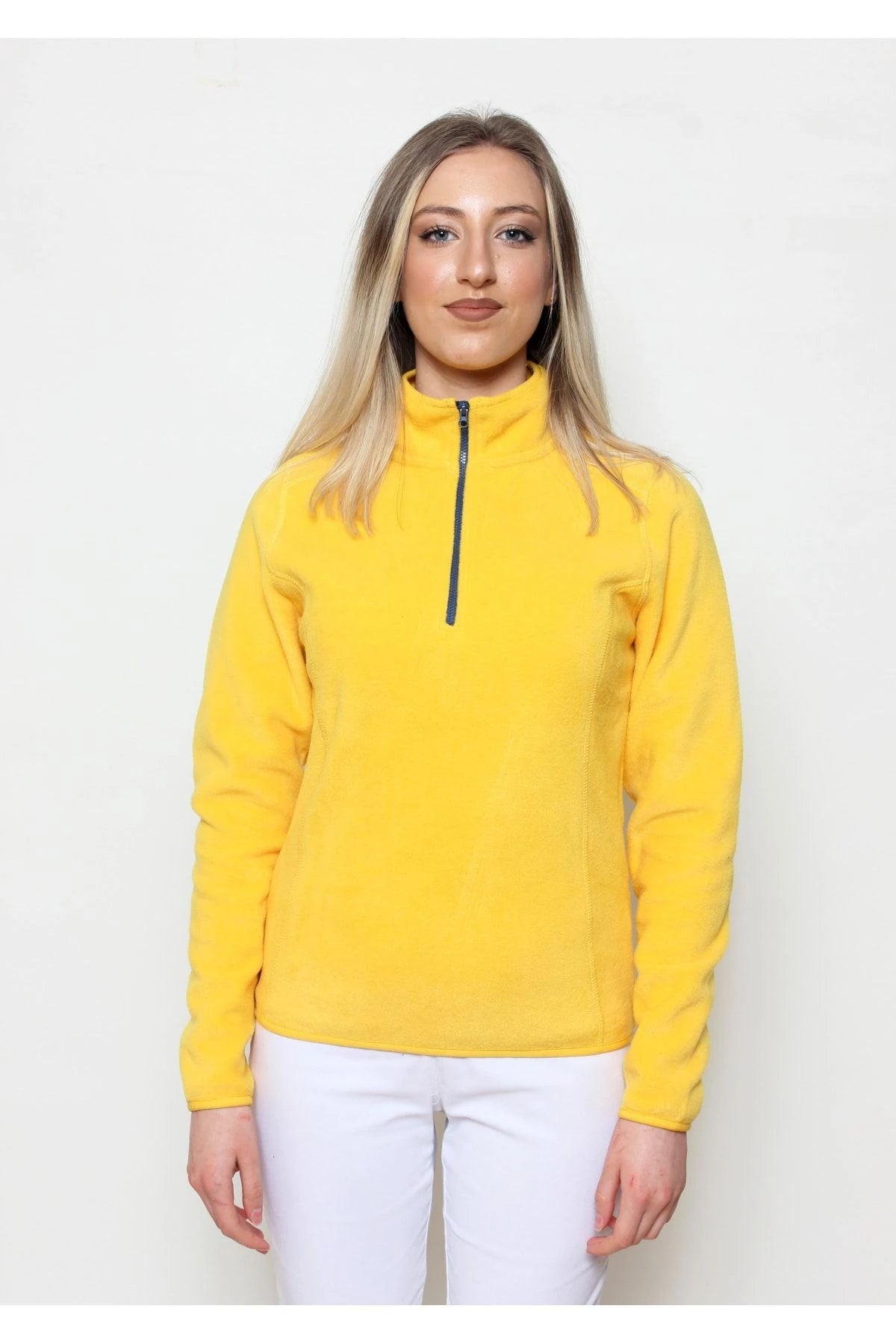Kadın Polar Yarım Fermuar Dar Kalıp Sweatshirt Sarı