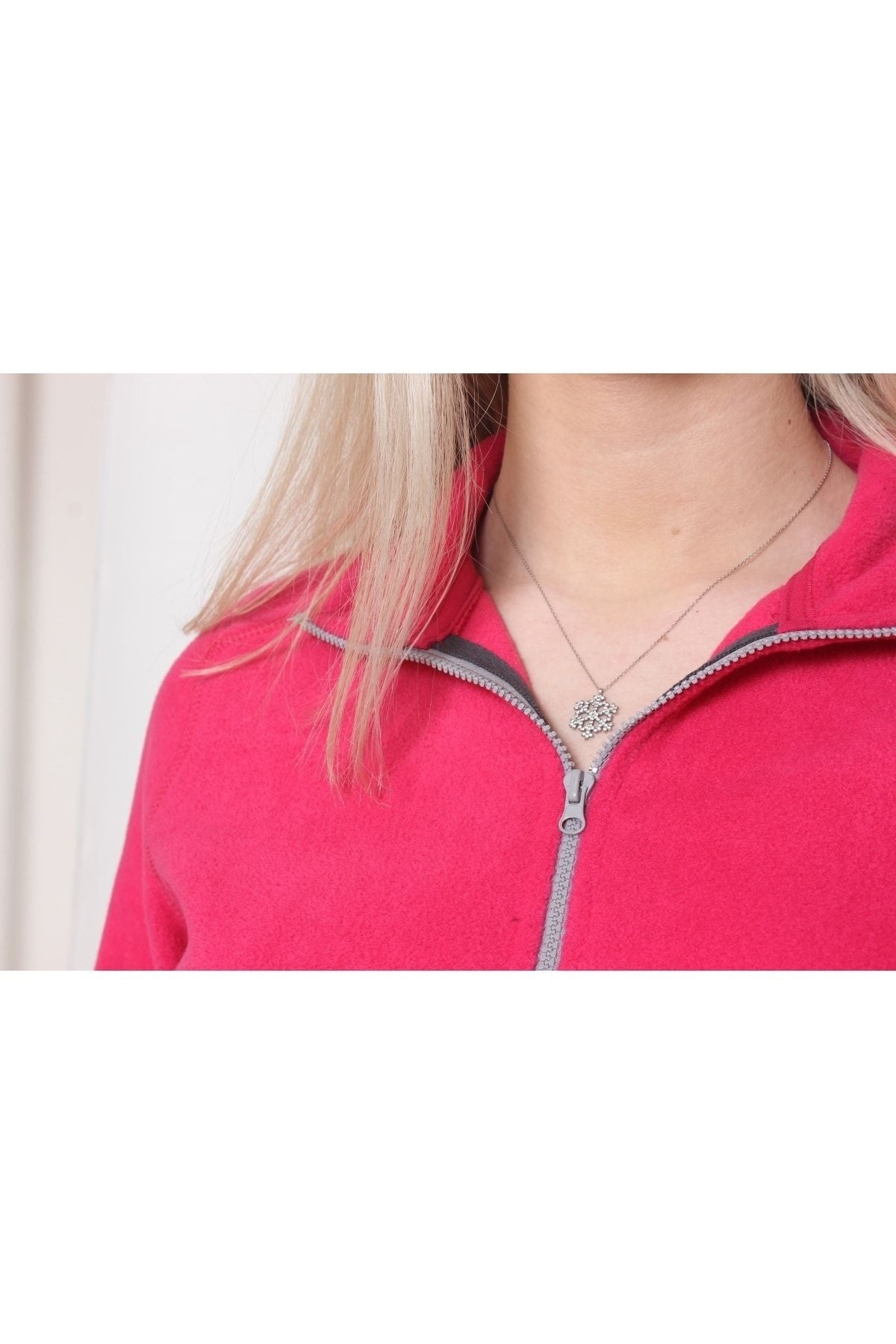 Kadın Polar Yarım Fermuar Dar Kalıp Sweatshirt Pembe