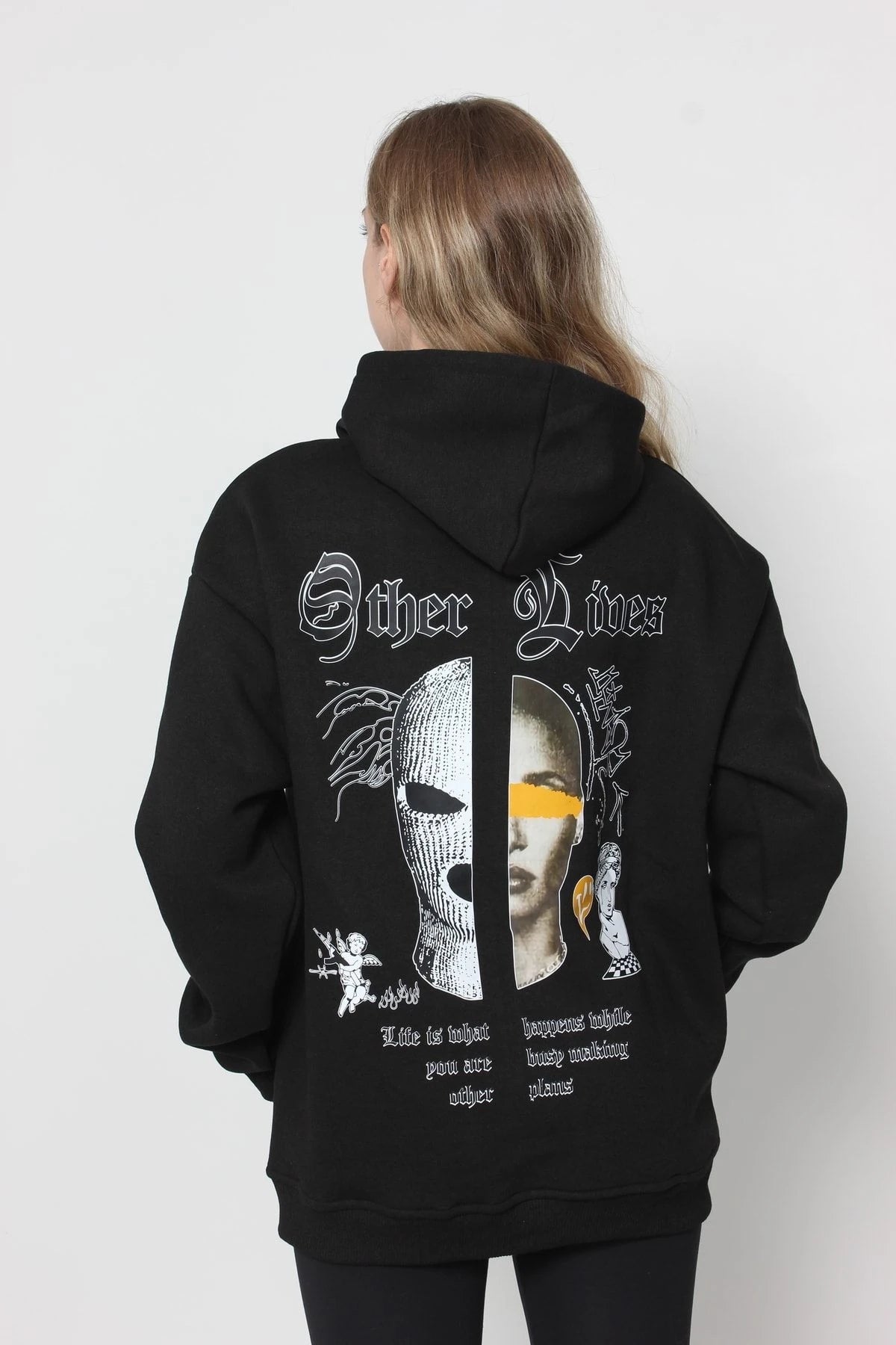 Kadın Oversize Baskılı Kapüşonlu Sweatshirt Si̇yah