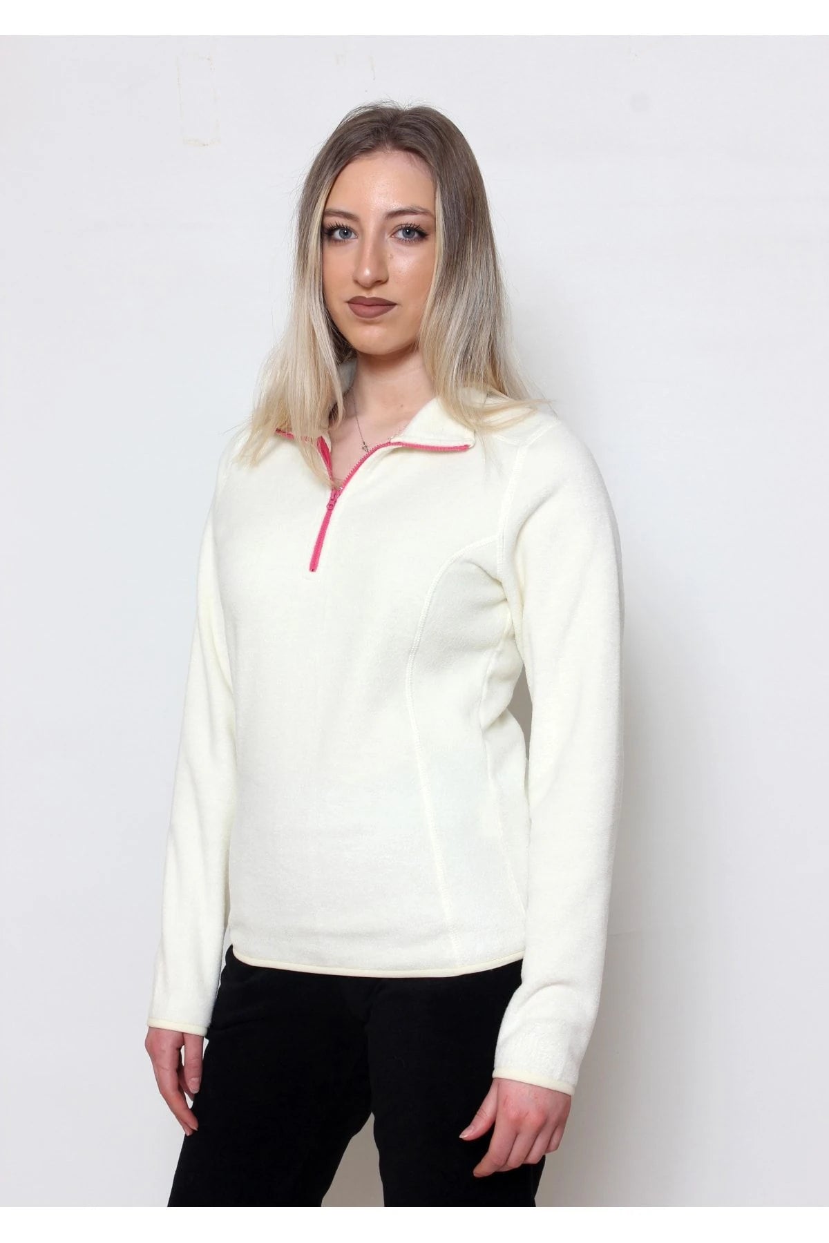 Kadın Polar Yarım Fermuar Dar Kalıp Sweatshirt Ekru