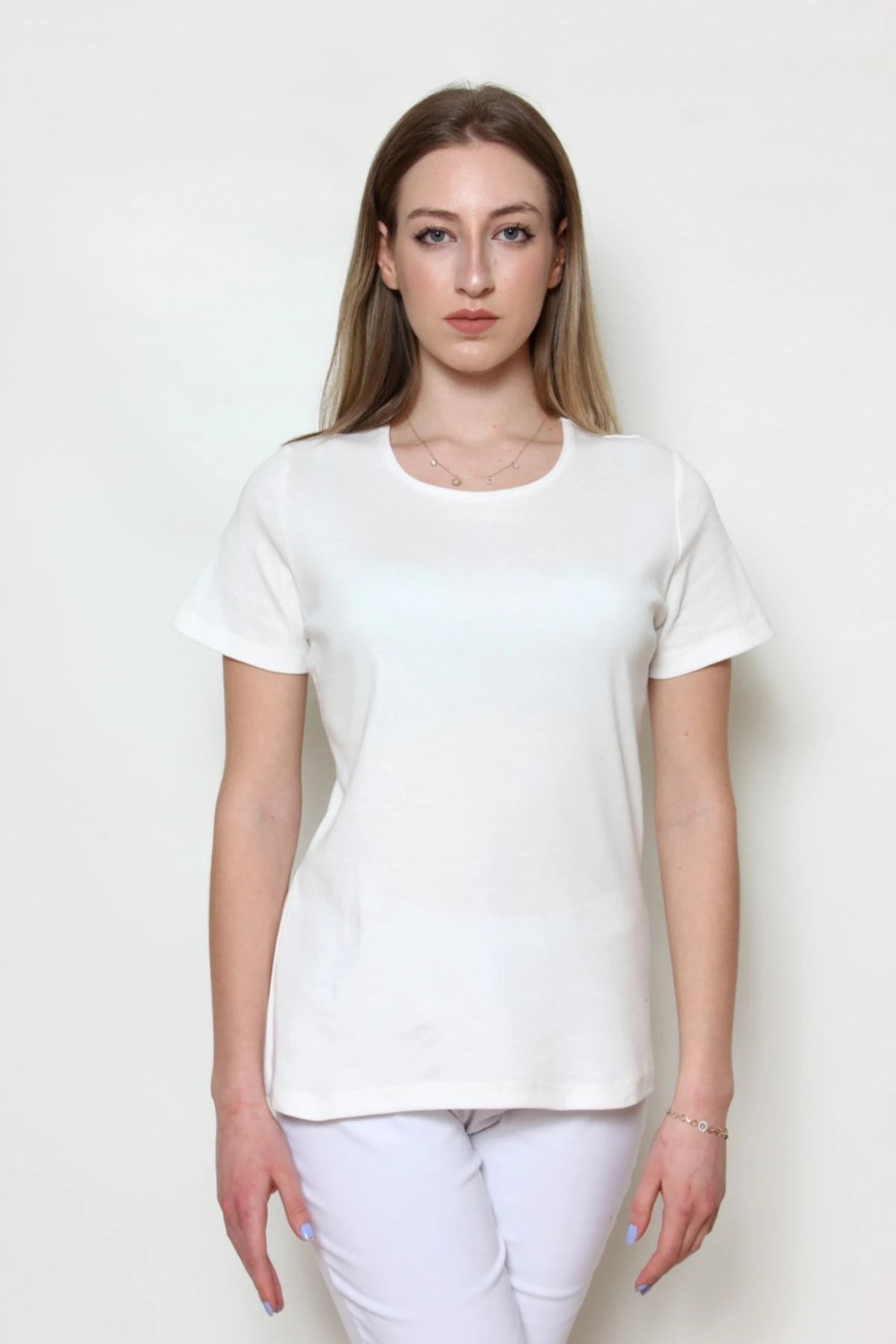 Kadın Basic T-shirt %100 Pamuk Ekru