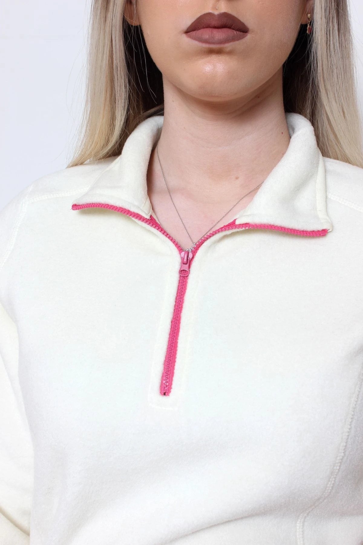 Kadın Polar Yarım Fermuar Dar Kalıp Sweatshirt Ekru