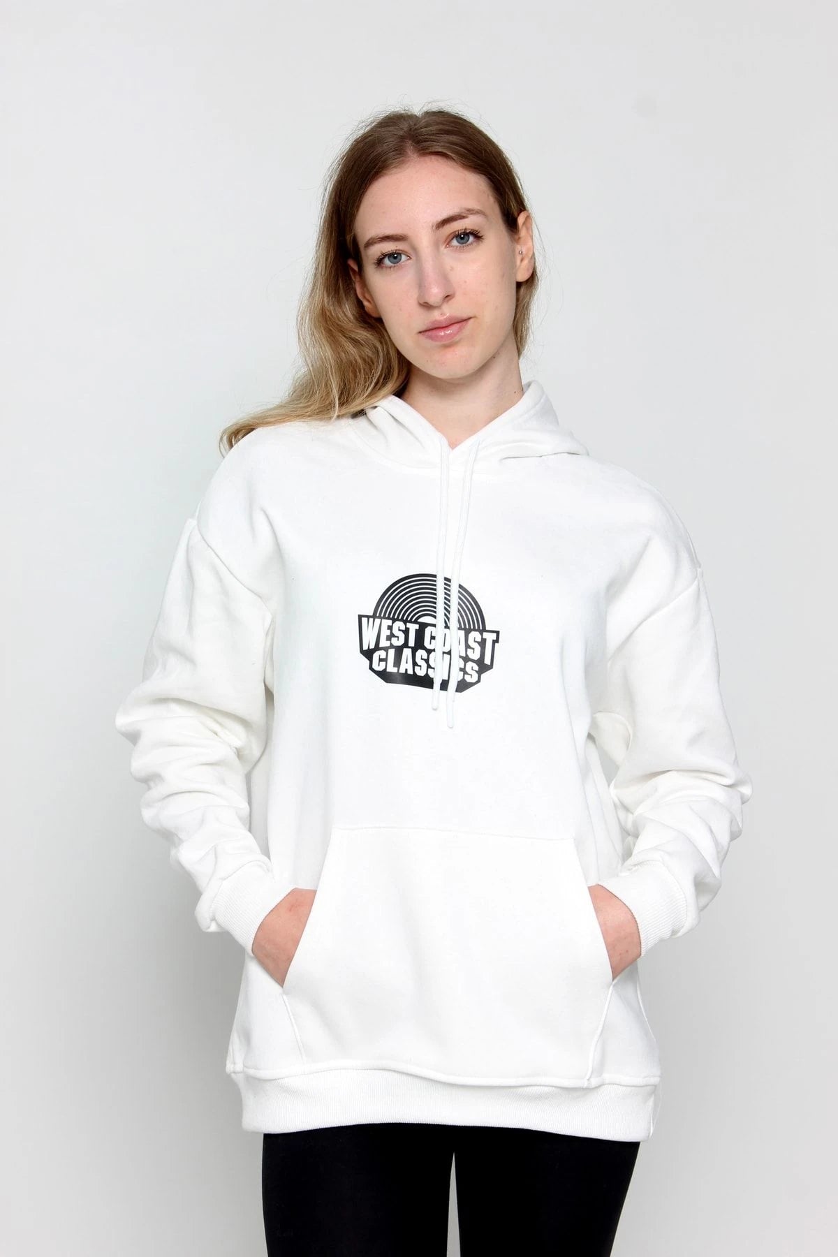 Kadın Oversize Baskılı Kapüşonlu Sweatshirt Beyaz