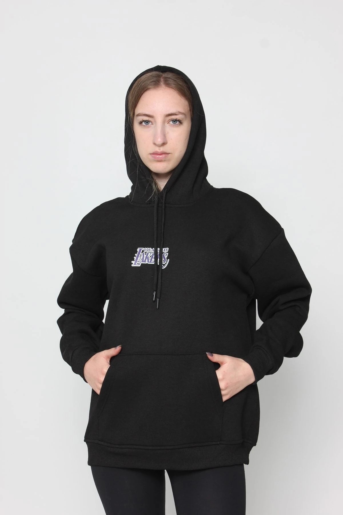 Kadın Oversize Baskılı Kapüşonlu Sweatshirt Si̇yah