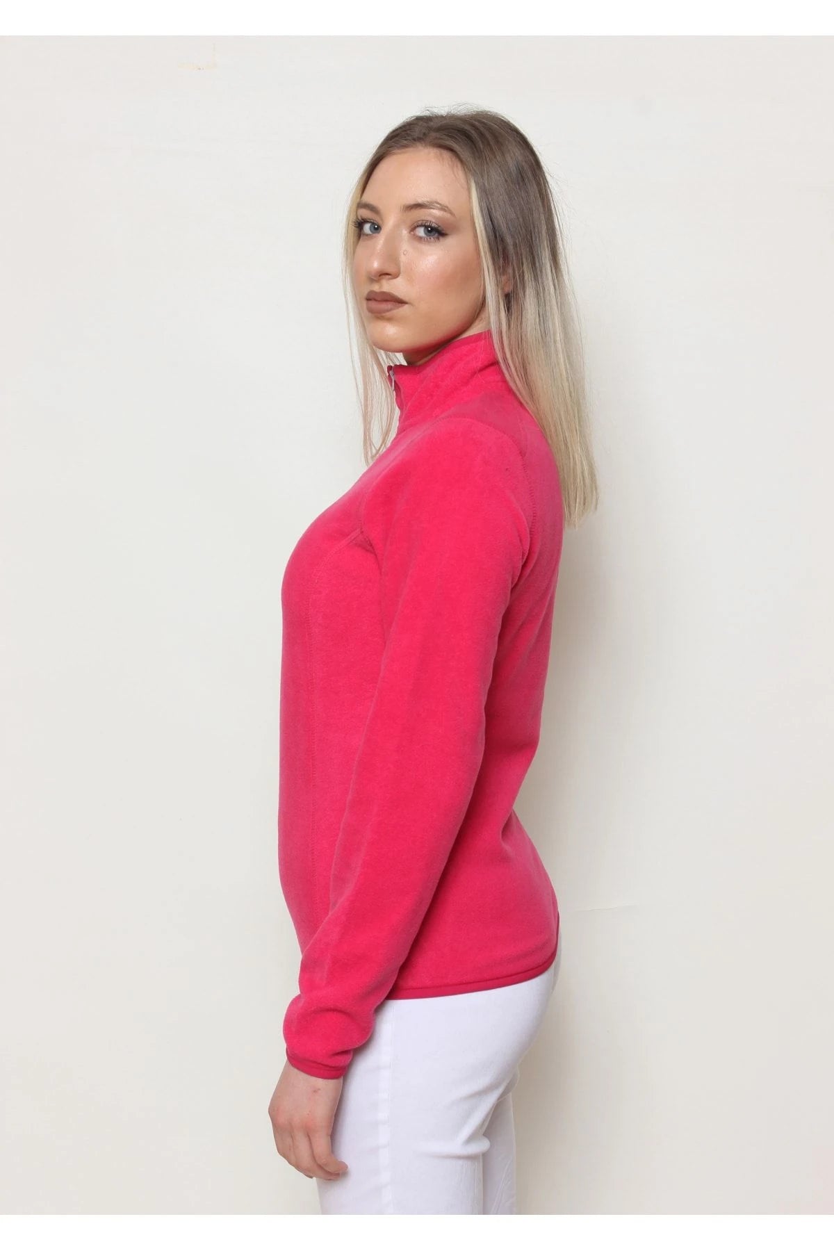 Kadın Polar Yarım Fermuar Dar Kalıp Sweatshirt Pembe