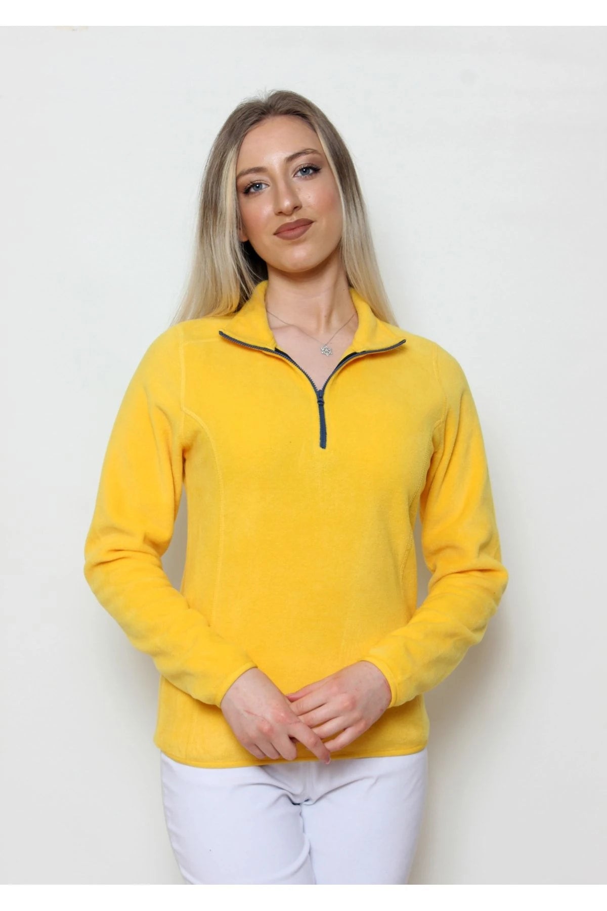 Kadın Polar Yarım Fermuar Dar Kalıp Sweatshirt Sarı