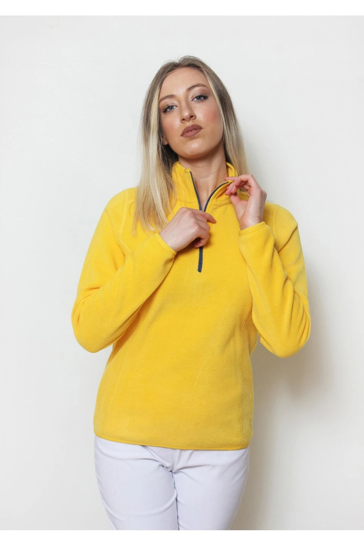 Kadın Polar Yarım Fermuar Dar Kalıp Sweatshirt Sarı