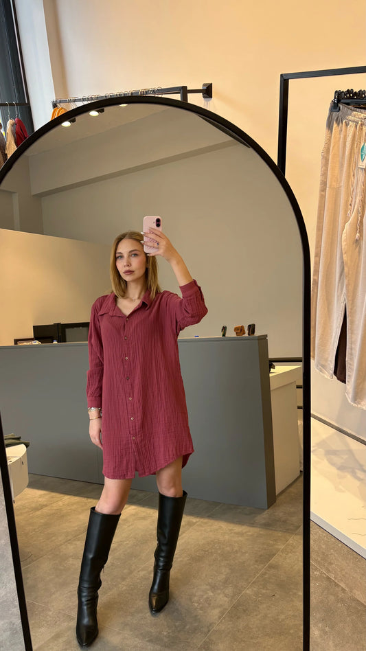 Müslin Dokulu Oversize Gömlek Elbise