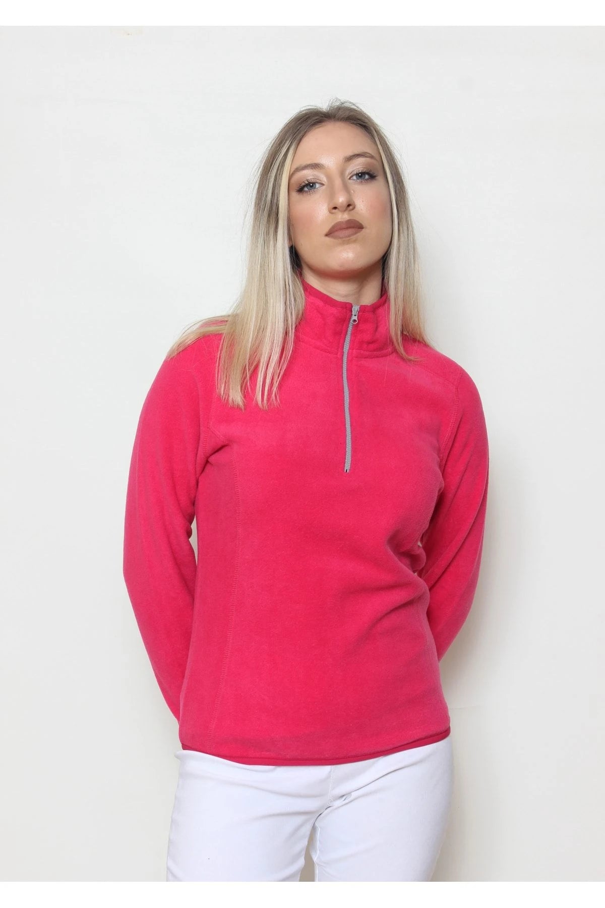Kadın Polar Yarım Fermuar Dar Kalıp Sweatshirt Pembe